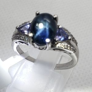 Blue Star Sapphire and Multi Gemstone Ring in Platinum Over Sterling Sil…